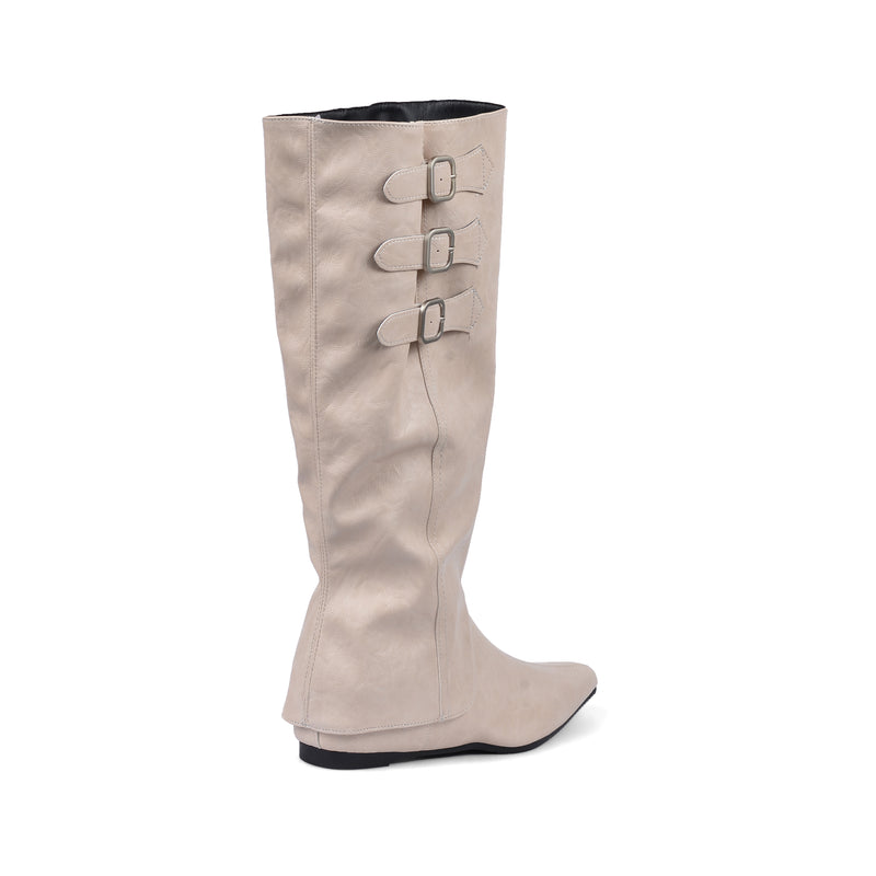 High Quality knee high boots made of suede with a low heel easy to wear equipped with a buckle QQ1 Beige - 3