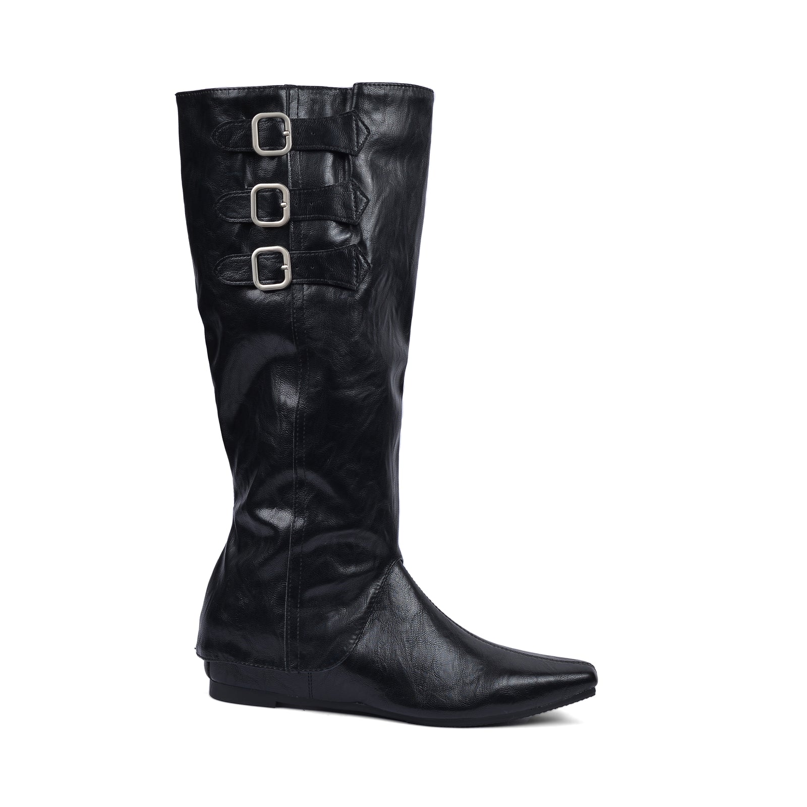 High Quality knee high boots made of suede with a low heel easy to wear equipped with a buckle QQ1 Black - 1