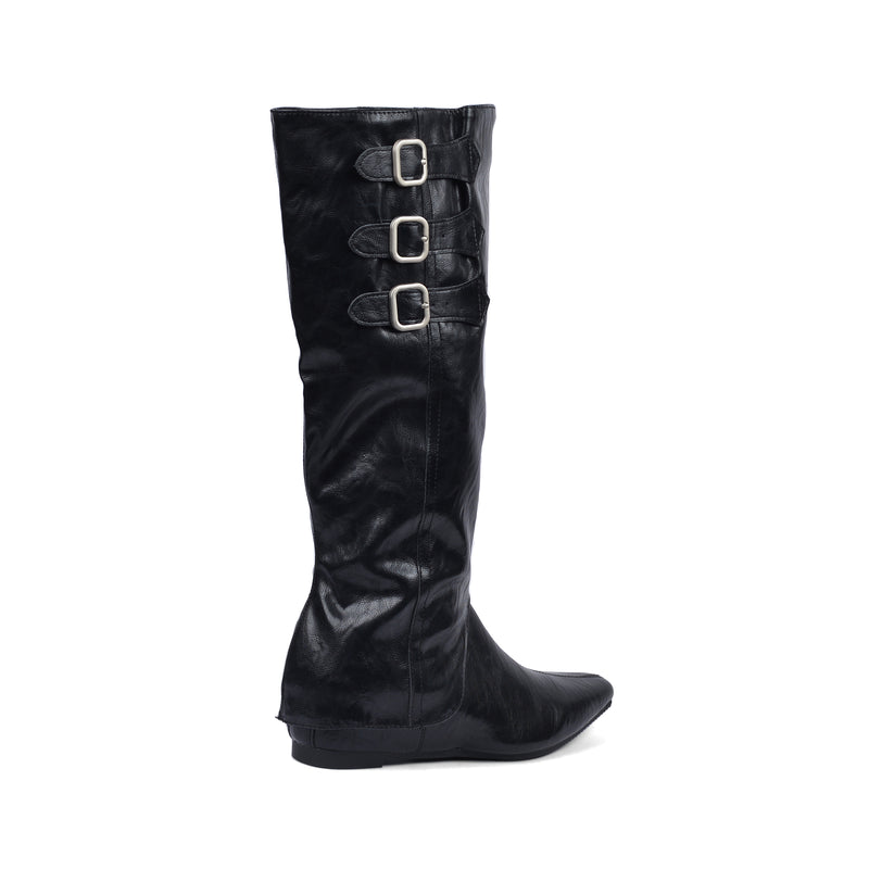High Quality knee high boots made of suede with a low heel easy to wear equipped with a buckle QQ1 Black - 3