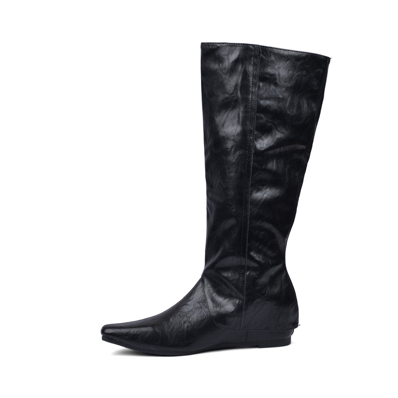 High Quality knee high boots made of suede with a low heel easy to wear equipped with a buckle QQ1 Black - 4