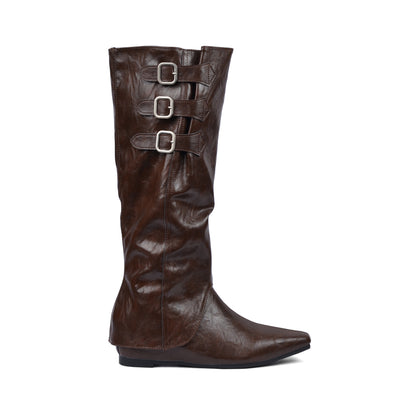 High Quality knee high boots made of suede with a low heel easy to wear equipped with a buckle QQ1 Brown