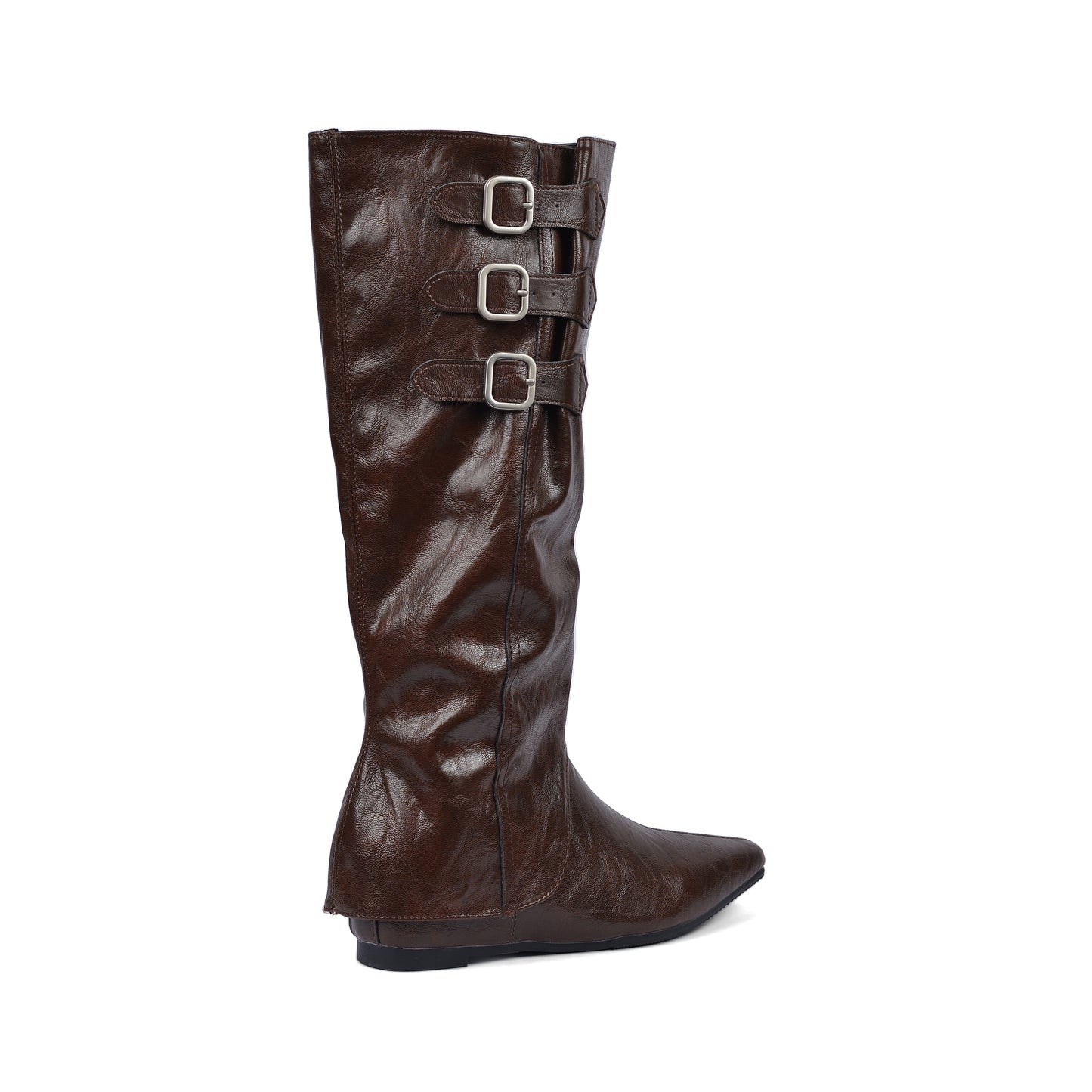 High Quality knee high boots made of suede with a low heel easy to wear equipped with a buckle QQ1 Brown