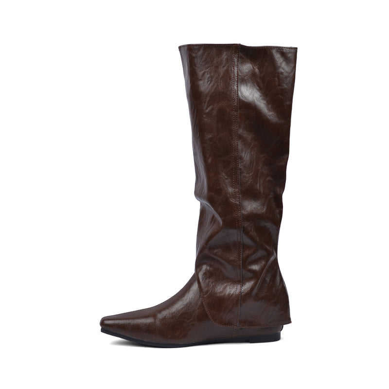 High Quality knee high boots made of suede with a low heel easy to wear equipped with a buckle QQ1 Brown - 4