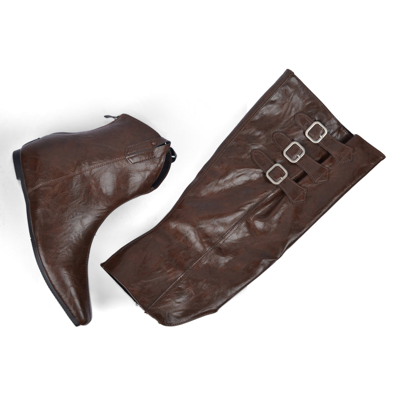 High Quality knee high boots made of suede with a low heel easy to wear equipped with a buckle QQ1 Brown - 2