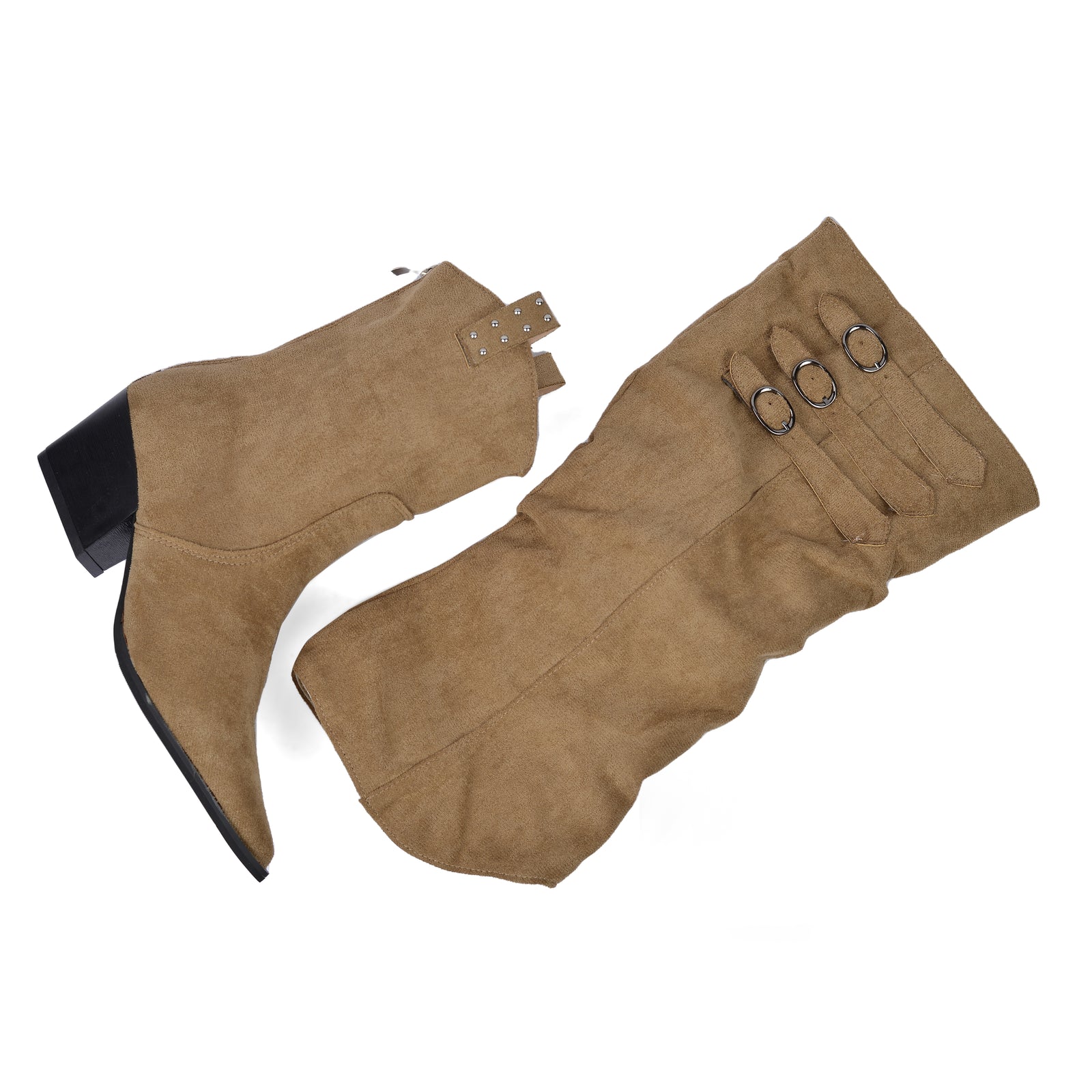 High Quality knee high boots made of suede with a low heel easy to wear equipped with a buckle D2988 Khaki - 2