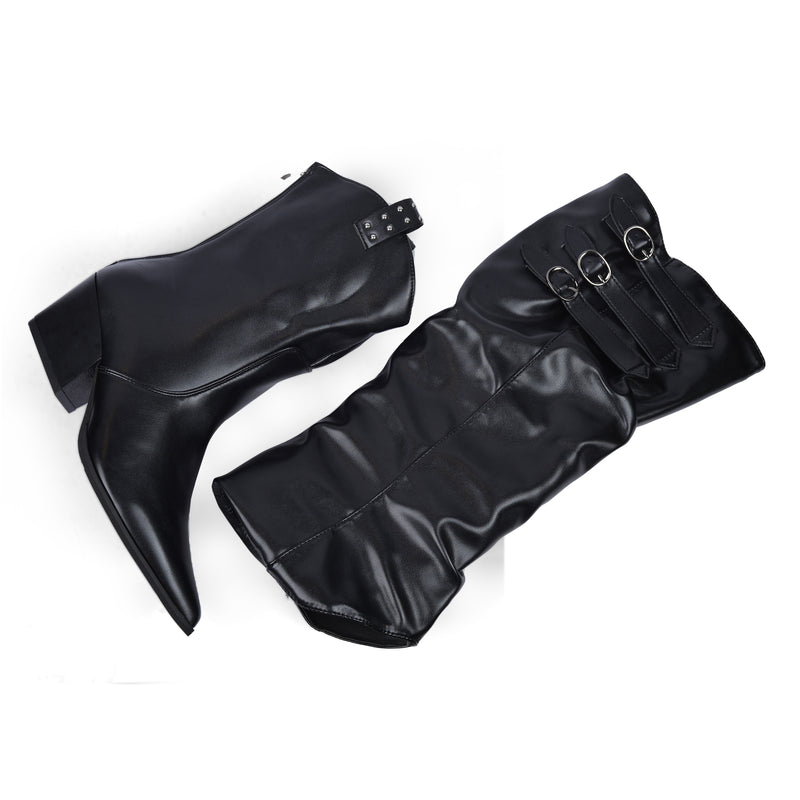 High Quality knee high boots made of suede with a low heel easy to wear equipped with a buckle D2988 Black - 2