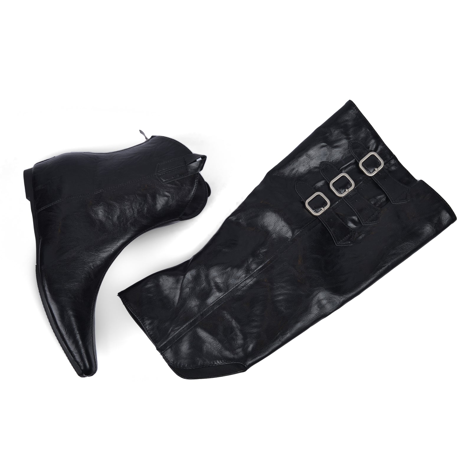 High Quality knee high boots made of suede with a low heel easy to wear equipped with a buckle QQ1 Black - 2