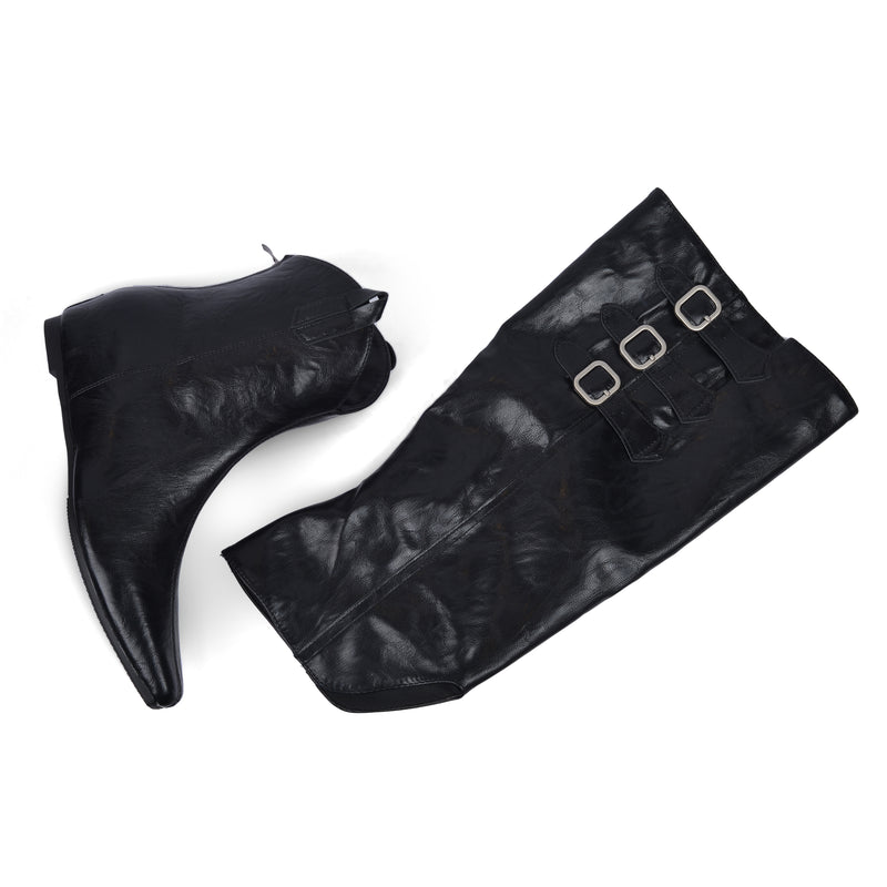 High Quality knee high boots made of suede with a low heel easy to wear equipped with a buckle QQ1 Black - 2