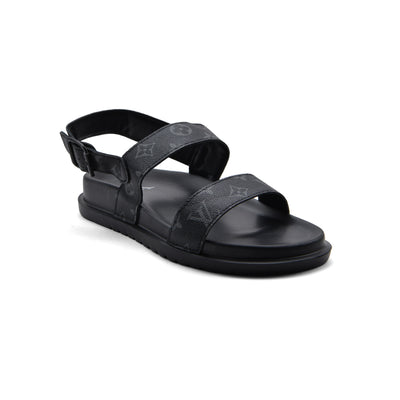 Louis Vuitton Slippers Man Monogram Leather Back Stra LV526 Black