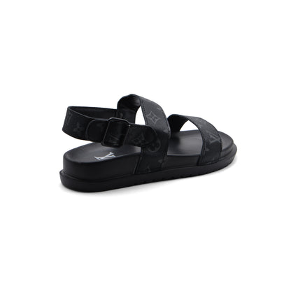 Louis Vuitton Slippers Man Monogram Leather Back Stra LV526 Black