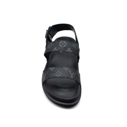 Louis Vuitton Slippers Man Monogram Leather Back Stra LV526 Black