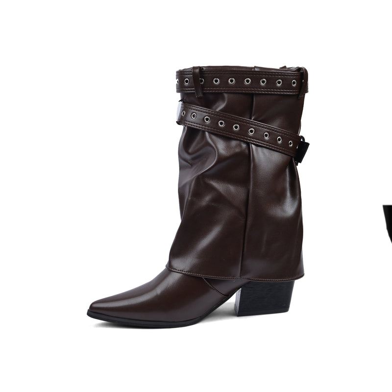 Dial Belt Heel Half Boots High Quality with Buckle Detail Woman DA07 Brown - 3