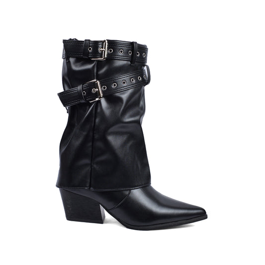 Dial Belt Heel Half Boots High Quality with Buckle Detail Woman DA07 Black