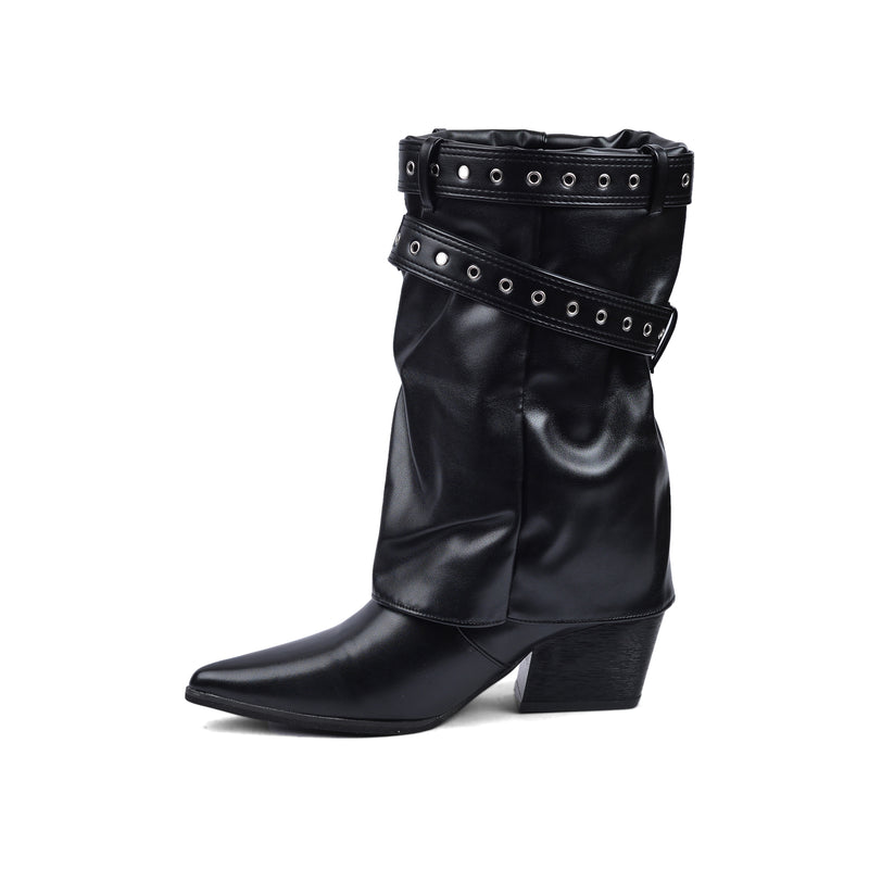 Dial Belt Heel Half Boots High Quality with Buckle Detail Woman DA07 Black - 3