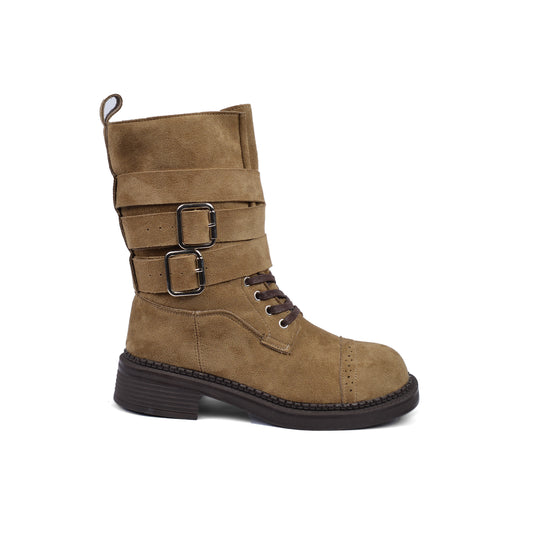 Half Boots High Quality with Buckle Detail belt Suede Woman L101 Khaki