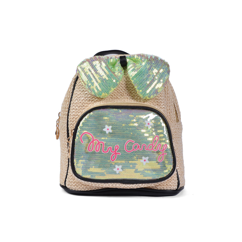 Girls' Small Shiny Bow Backpack 0092C Khaki - 1