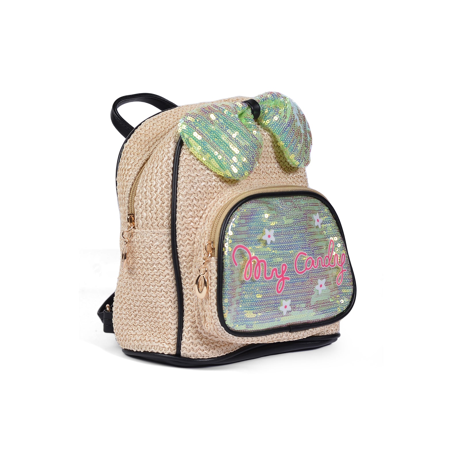 Girls' Small Shiny Bow Backpack 0092C Khaki - 2