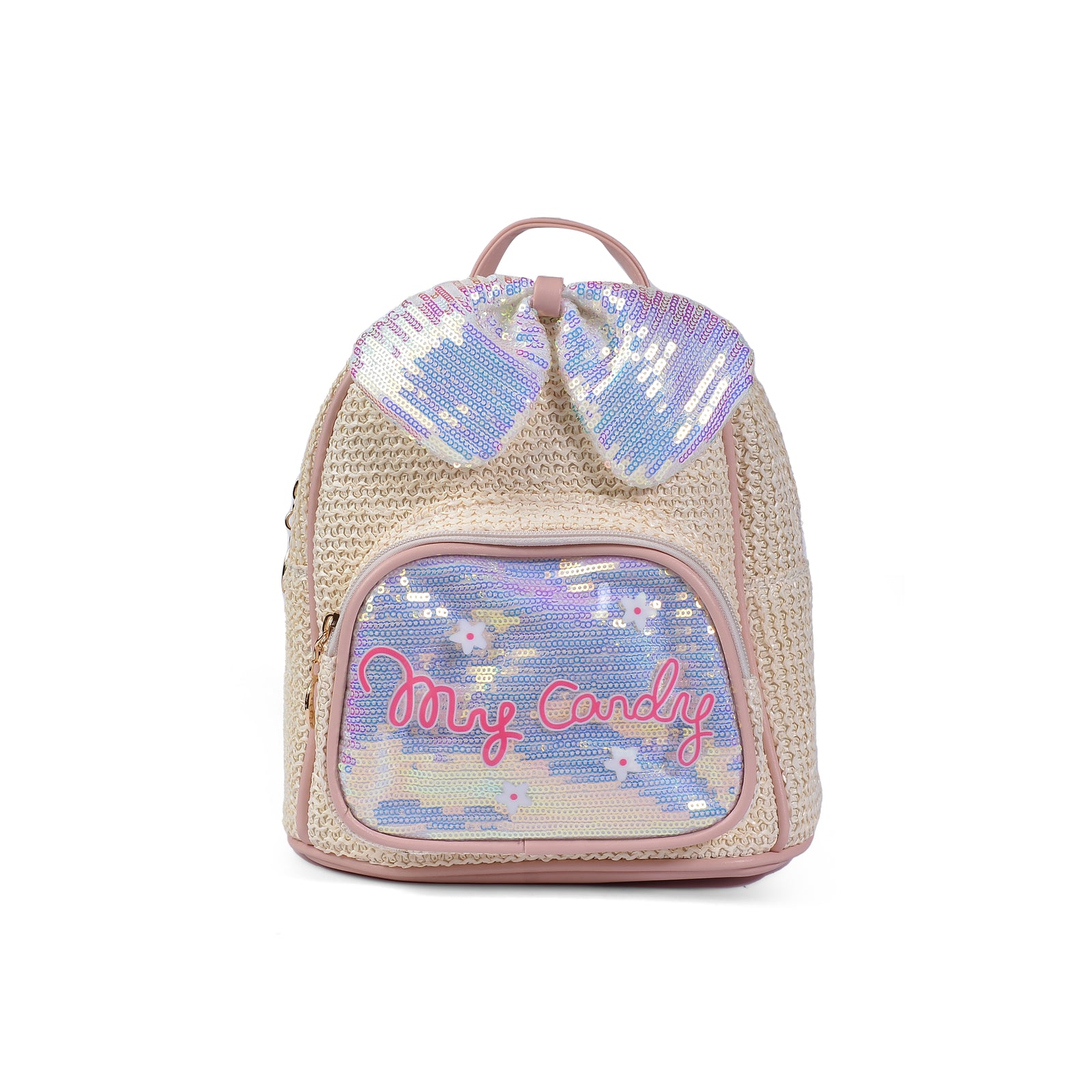 Girls' Small Shiny Bow Backpack 0092C Beige - 1