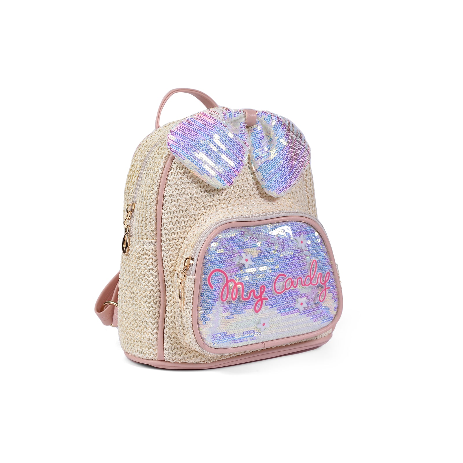 Girls' Small Shiny Bow Backpack 0092C Beige - 2