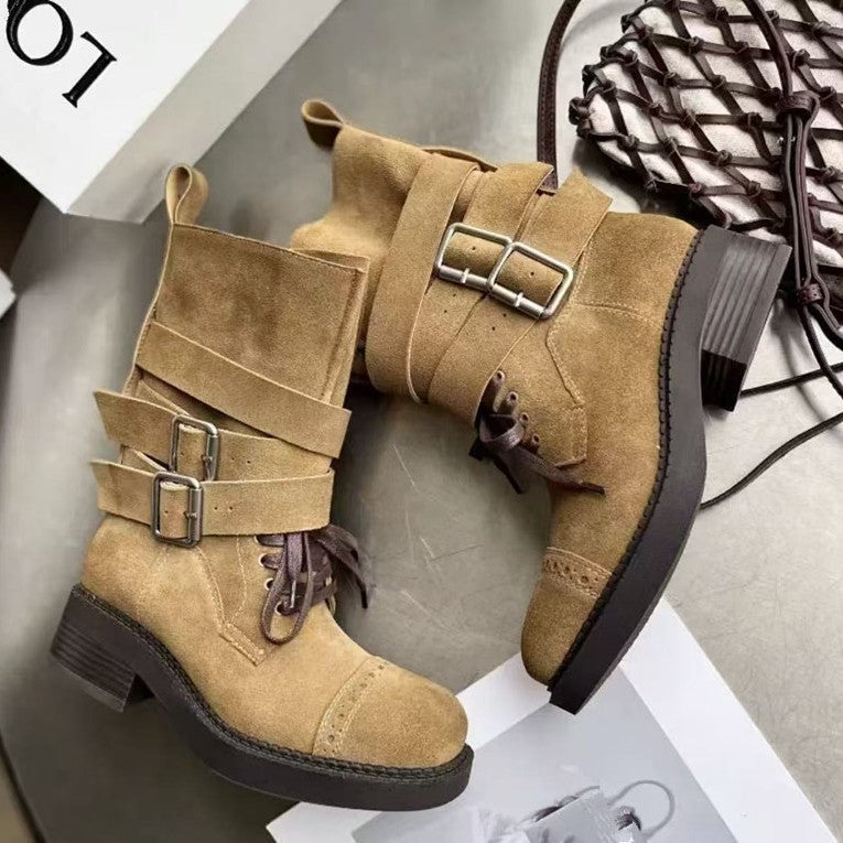 Half Boots High Quality with Buckle Detail belt Suede Woman L101 Khaki - 4