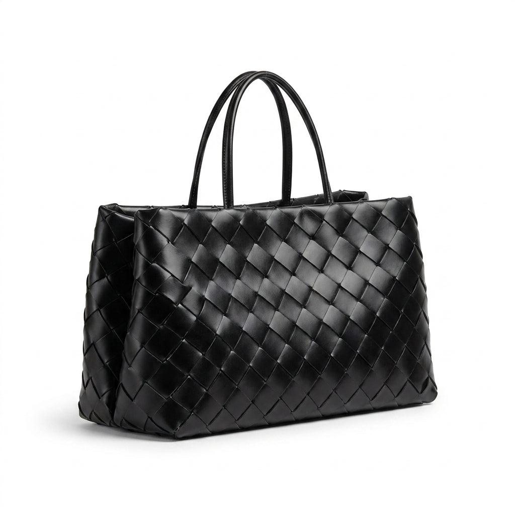 Weaved oil waxed calf leather handle shoulder tote Bag Mirror Length 23 cm - Width 42 cm Woman Y9113 Black - 2