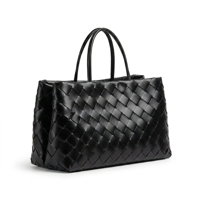 Weaved oil waxed calf leather handle shoulder tote Bag Mirror Length 23 cm - Width 42 cm Woman Y9113 Black - 2