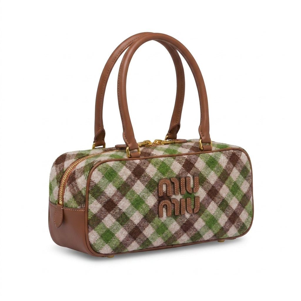 Miu Miu Beau Tartan Small Wool-Blend Top Handle Bag Length 12 cm - Width 27 cm Mirror Woman 2581 Brown - 2