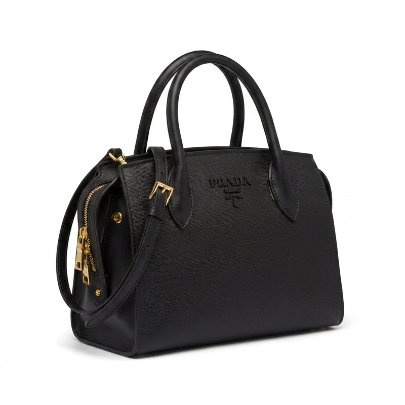 Prada Saffiano Cuir Calfskin Medium Monochrome Length 24 cm - Width 24 cm Mirror Woman 2009 Black - 2