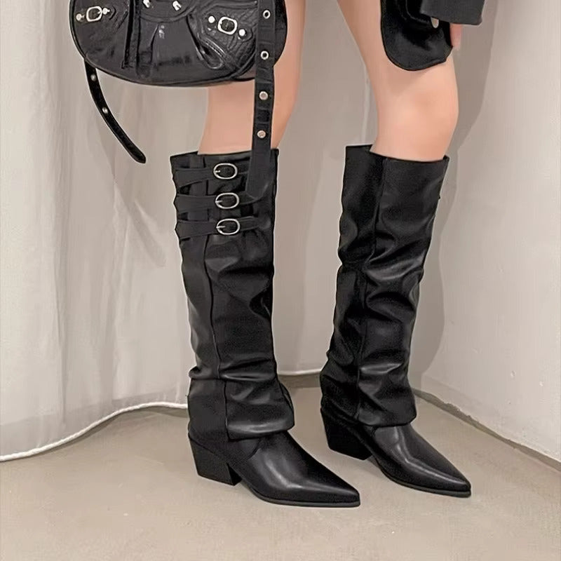 High Quality knee high boots made of suede with a low heel easy to wear equipped with a buckle D2988 Black - 6