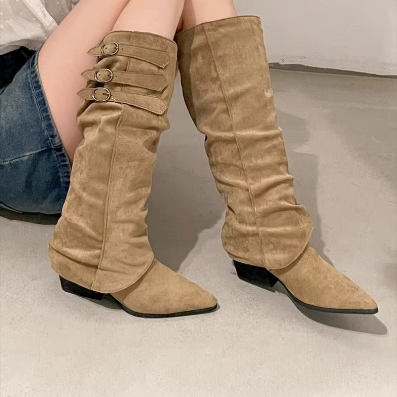 High Quality knee high boots made of suede with a low heel easy to wear equipped with a buckle D2988 Khaki - 6