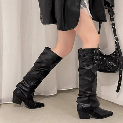 High Quality knee high boots made of suede with a low heel easy to wear equipped with a buckle D2988 Black