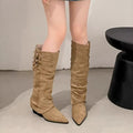 High Quality knee high boots made of suede with a low heel easy to wear equipped with a buckle D2988 Khaki - 5
