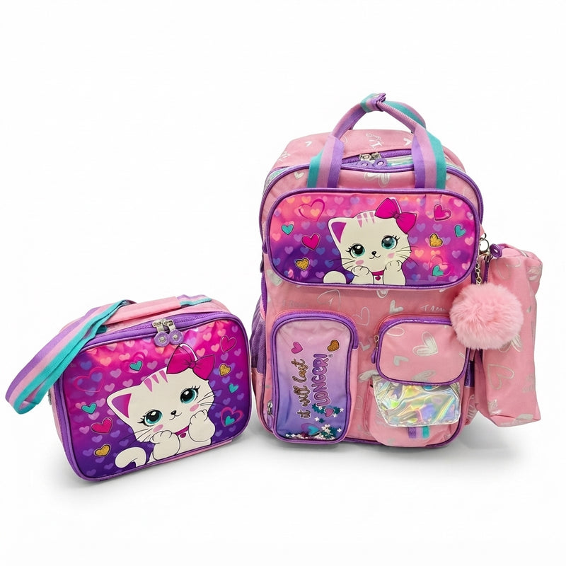 3PCS Girls' Backpack For Elementary School Girls Bag Kitty Kids 2975 Pink - 1