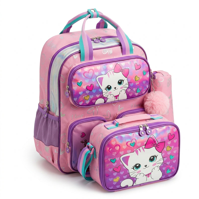 3PCS Girls' Backpack For Elementary School Girls Bag Kitty Kids 2975 Pink - 4