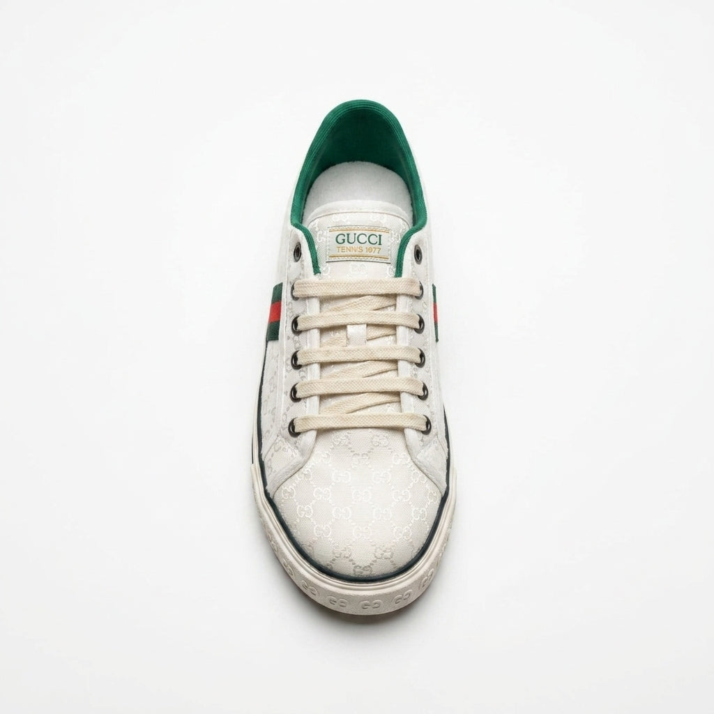 Gucci women's sneakers crafted from white jacquard fabric featuring a small GG pattern and the signature green and red Web stripe CC887. - 3