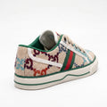 Gucci women's sneakers featuring a multicolored embroidered GG pattern, accented with the green and red Web stripe and green leather trim Beige G2949. - 2