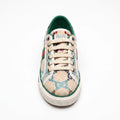 Gucci women's sneakers featuring a multicolored embroidered GG pattern, accented with the green and red Web stripe and green leather trim Beige G2949. - 3