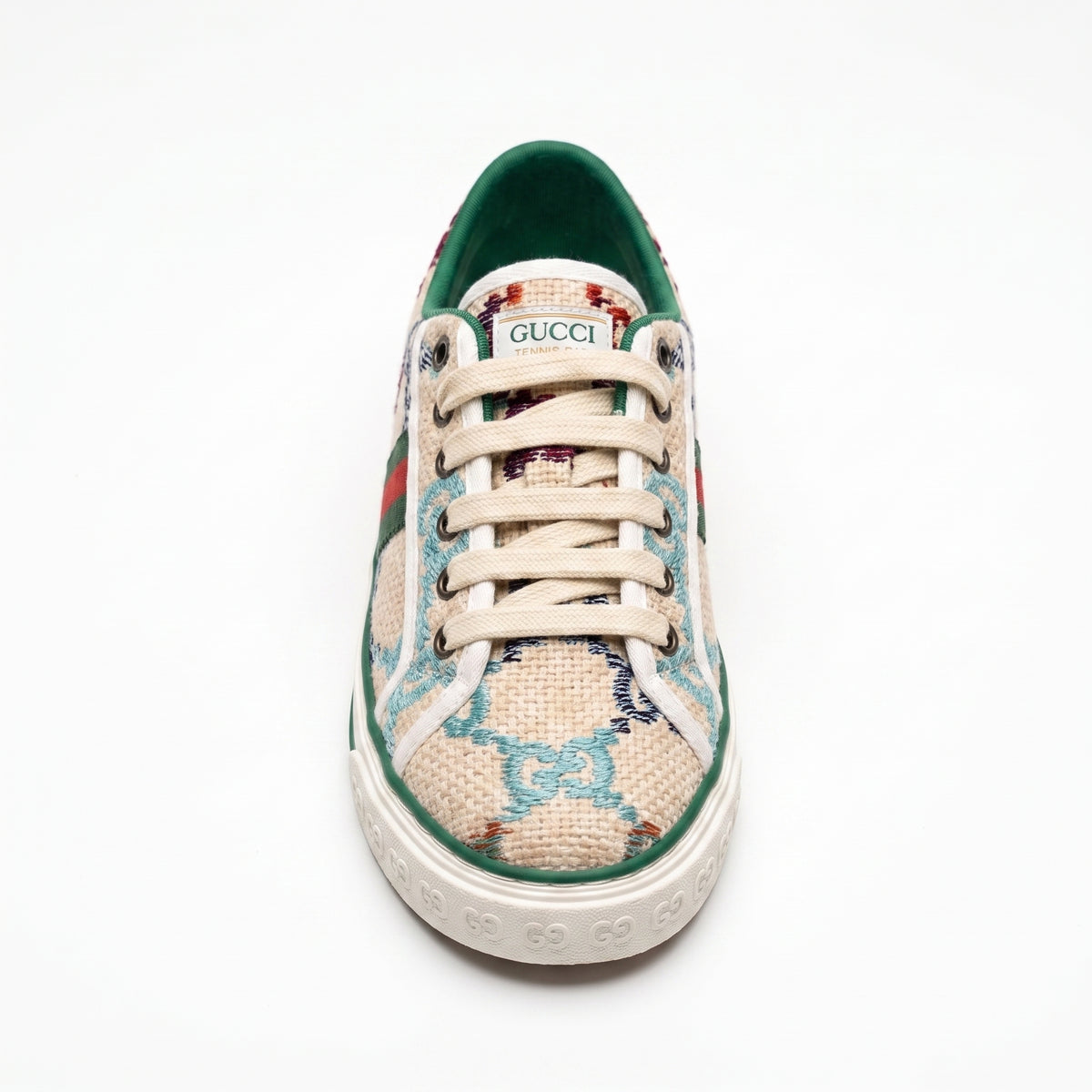 Gucci women's sneakers featuring a multicolored embroidered GG pattern, accented with the green and red Web stripe and green leather trim Beige G2949. - 3