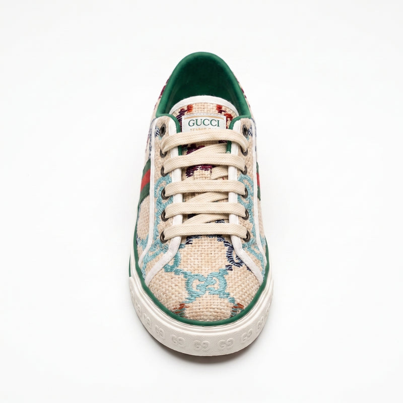 Gucci women's sneakers featuring a multicolored embroidered GG pattern, accented with the green and red Web stripe and green leather trim Beige G2949. - 3