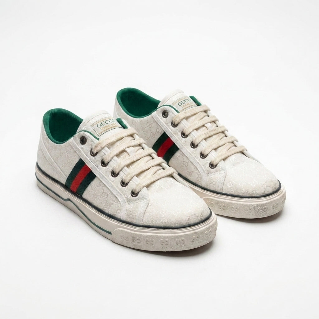 Gucci women's sneakers crafted from white jacquard fabric featuring a small GG pattern and the signature green and red Web stripe CC887. - 4