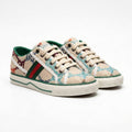 Gucci women's sneakers featuring a multicolored embroidered GG pattern, accented with the green and red Web stripe and green leather trim Beige G2949. - 4