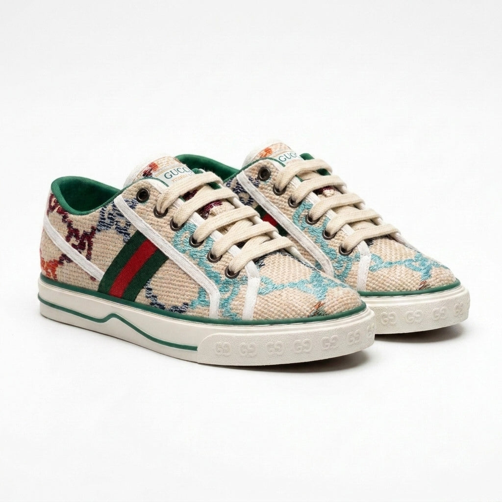 Gucci women's sneakers featuring a multicolored embroidered GG pattern, accented with the green and red Web stripe and green leather trim Beige G2949. - 4