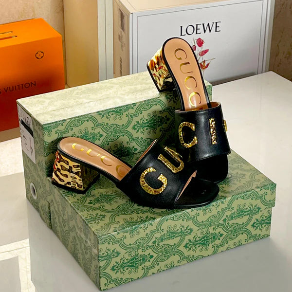 Gucci Logo Leather Flat Gols Sandals Interlocking Out Sandal Woman 666-7 Black - 5