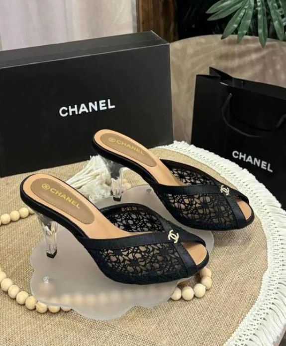 Chanel Designer Slide Chunky Block Heel Sandal with Woman 898-6 Black - 5