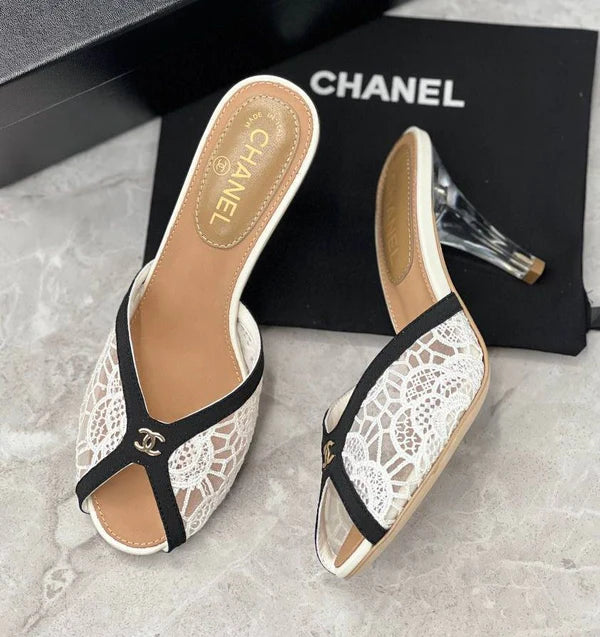 Chanel Designer Slide Chunky Block Heel Sandal with Woman 898-6 White - 5