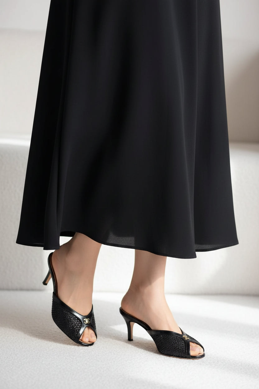 Chanel Crystal Embellished Open Toe Heels With Rhinestones And Clear 898-5 Black - 5