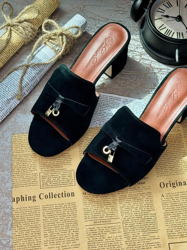 Loro Piana Suede Summer Charms Slide Sandals Woman VR-8 Black - 5