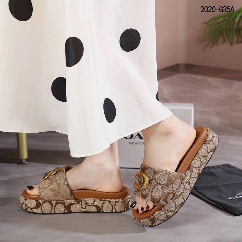 Coach Brand Thick Soled Slippers Logo Print Sandals Leather Women 8109 Brown - 5