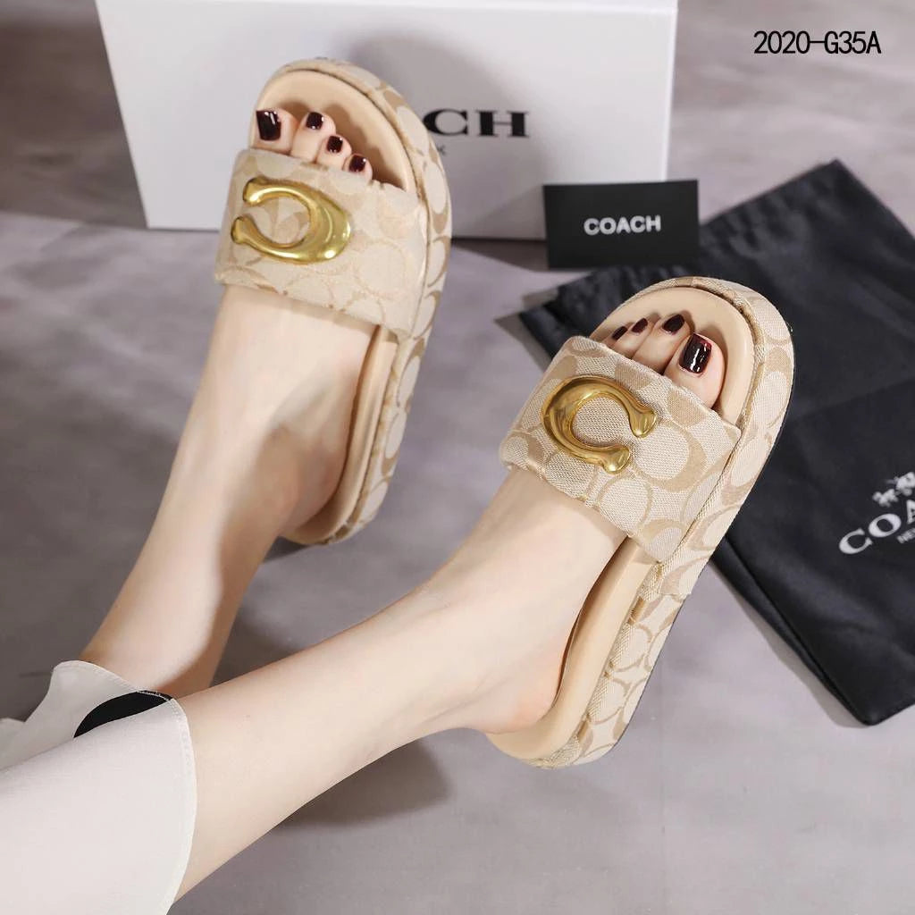 Coach Brand Thick Soled Slippers Logo Print Sandals Leather Women 8109 Beige - 5