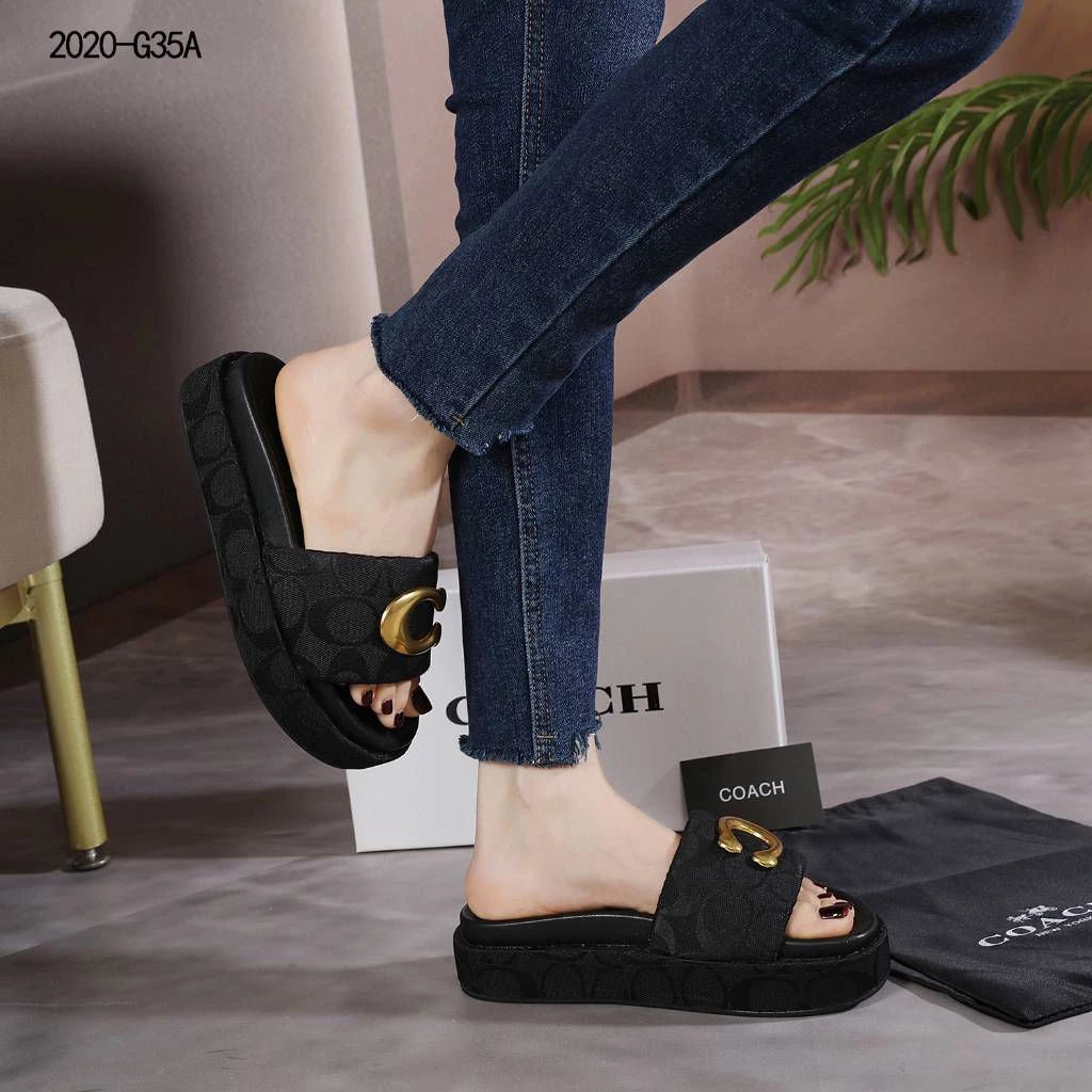 Coach Brand Thick Soled Slippers Logo Print Sandals Leather Women 8109 Black - 5